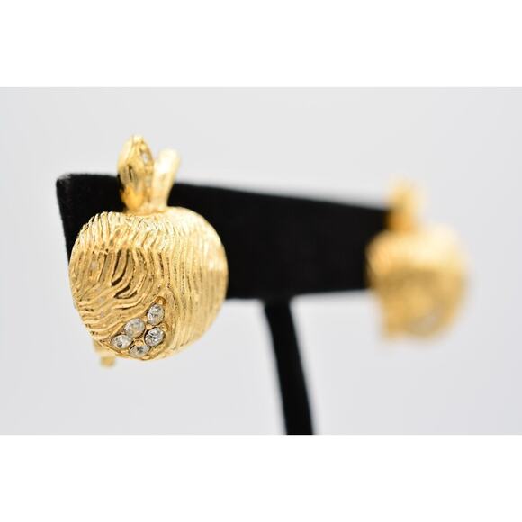 Givenchy Vintage Clip On Earrings Apple Rhinestone Brushed Gold Signed 80s BinQ - Picture 4 of 12